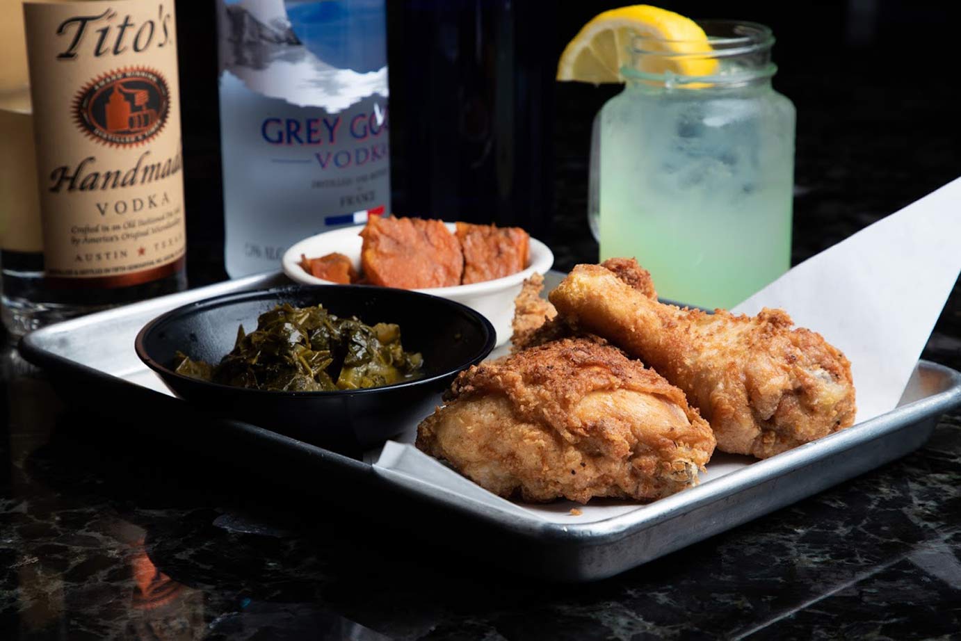 image of a fried chicken meal with a lemonade